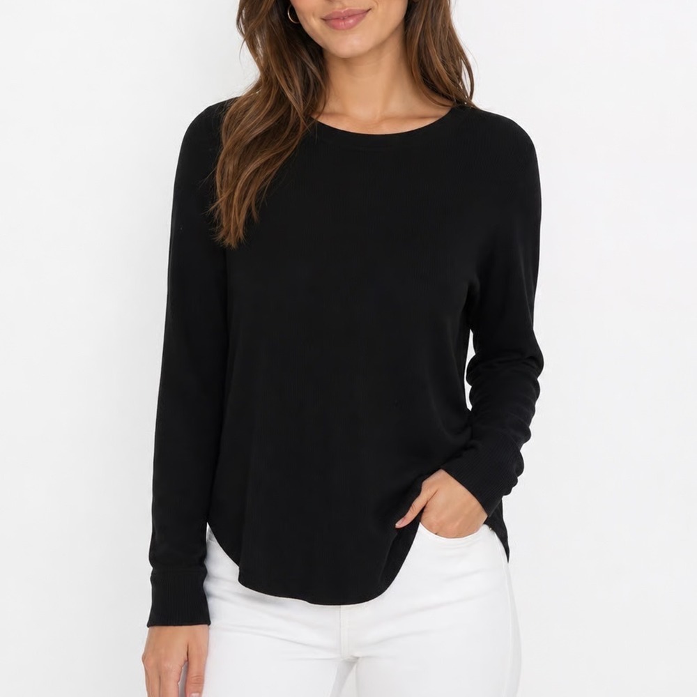 Gap Large Black Long Sleeve Waffle Knit Thermal Crew Neck Shirt Curved Hem